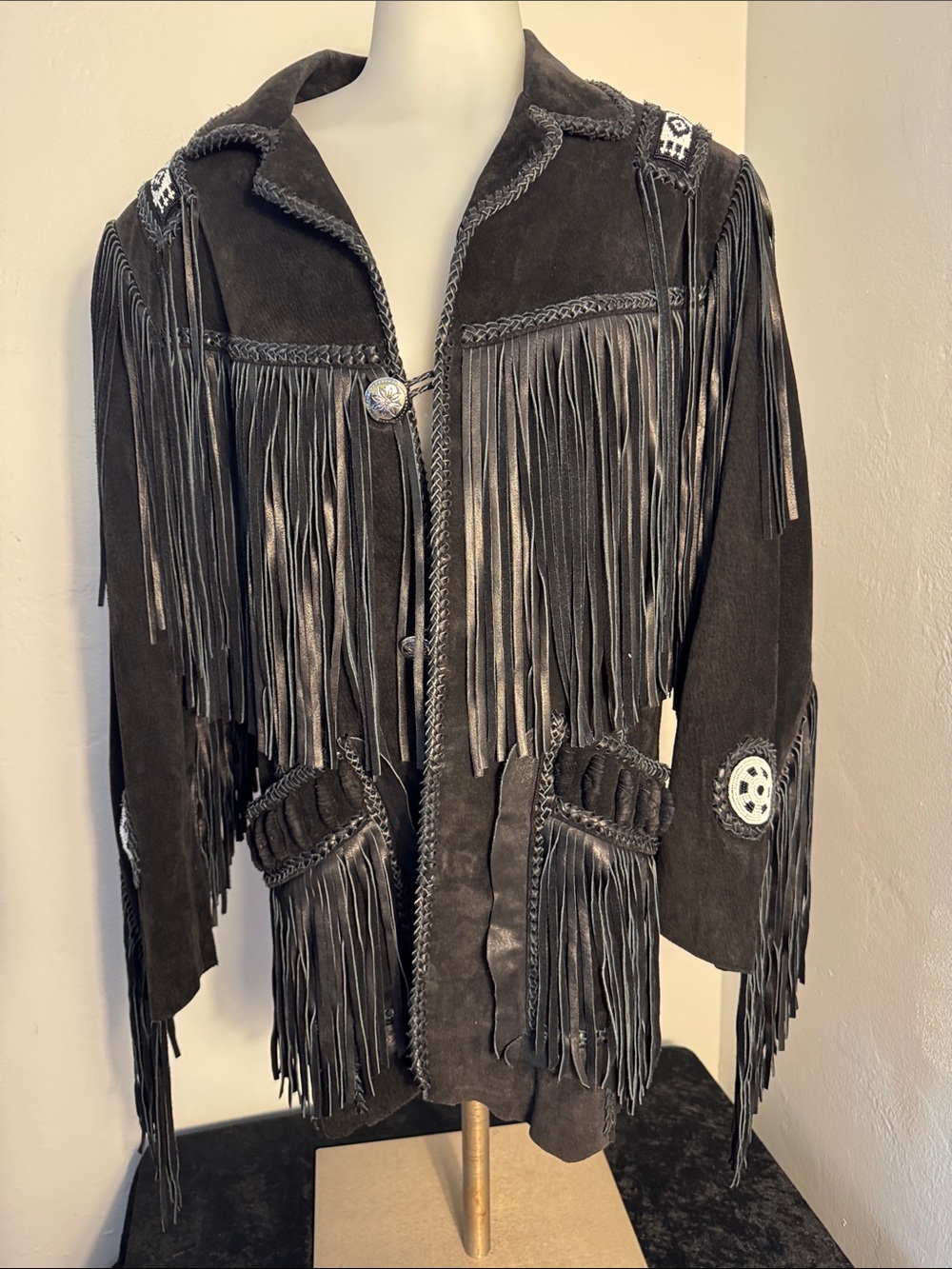 Scully Black Leather Fringe Jacket  Beaded, Excellent Condition For Men or Women